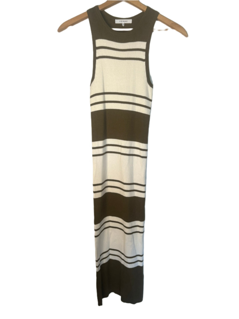 FRAME XS Olive Cream Striped Rib Knit Cotton Cashmere Maxi Dress